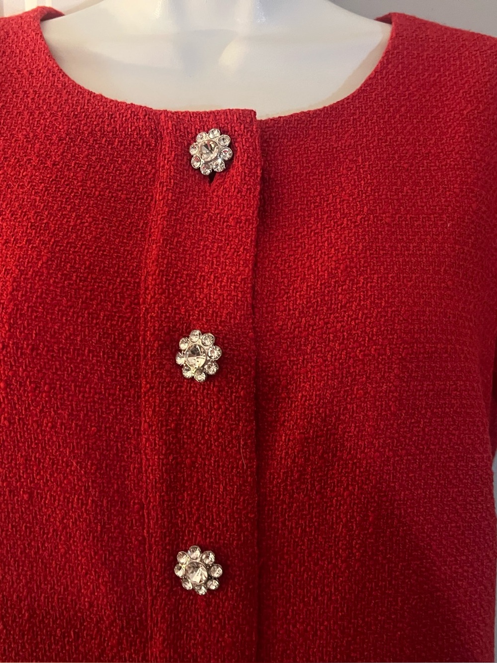 J.Crew Holiday Red Bouclé/Tweed-Texture Dress Crystal Jeweled floral buttons - Picture 3 of 14